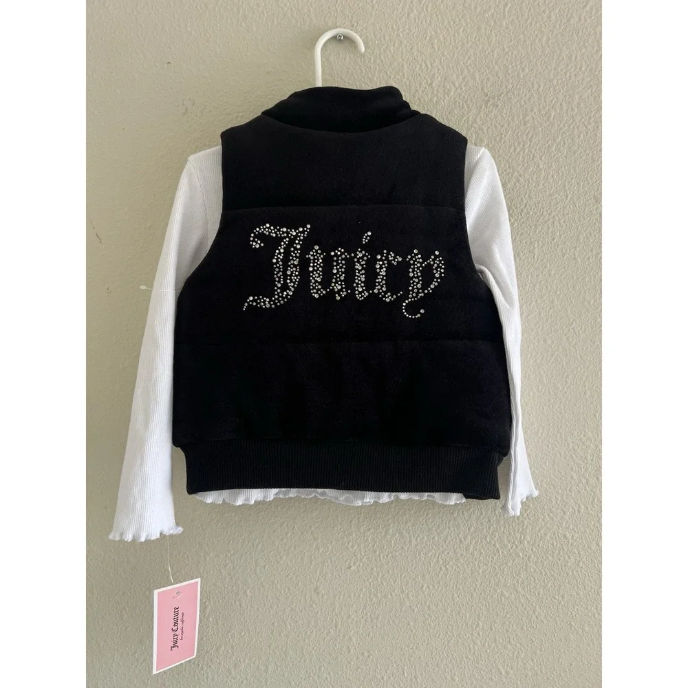 Juicy Couture Girls Black Fleece Vest & White Top Set 4T Casual Winter Beaded